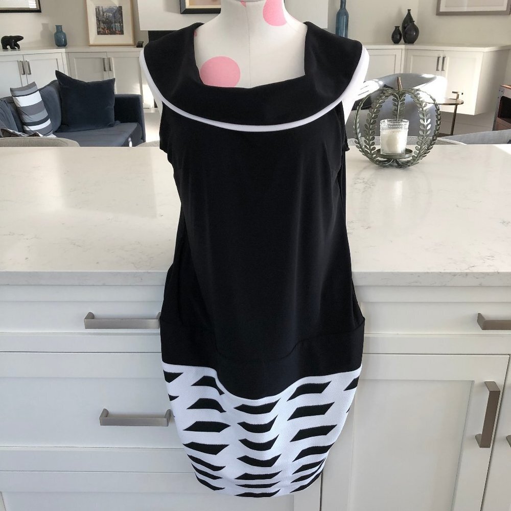 Joseph Ribkoff Retro Vtg Sleeveless Lined A-Line Midi Dress Black & White Sz 10